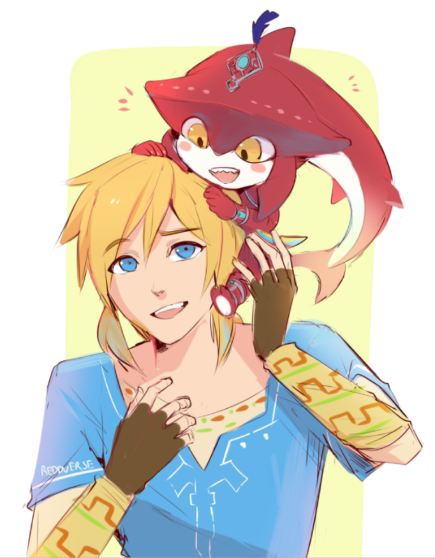 :d artist_name blonde_hair blue_eyes blush_stickers fingerless_gloves fishman gloves jewelry link looking_at_another male_focus monster_boy multiple_boys open_mouth reddverse sharp_teeth sidelocks sidon smile teeth the_legend_of_zelda the_legend_of_zelda:_breath_of_the_wild yellow_eyes younger zora