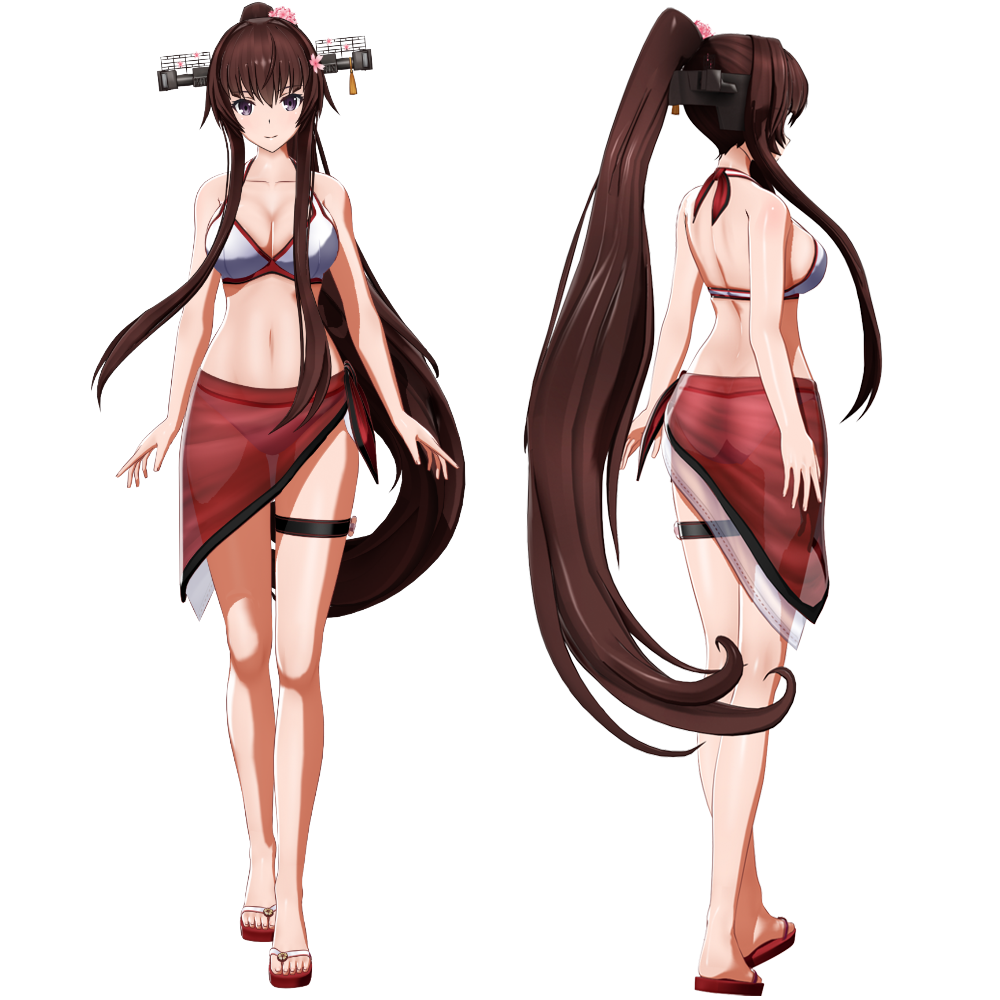 3d alternate_costume ass bikini breasts brown_hair cherry_blossoms cleavage closed_mouth collarbone from_behind full_body hair_between_eyes headgear kantai_collection large_breasts long_hair looking_at_viewer mikumikudance multiple_views navel ponpu-chou ponytail purple_eyes sandals sarong see-through simple_background smile standing swimsuit very_long_hair white_background white_bikini yamato_(kantai_collection)