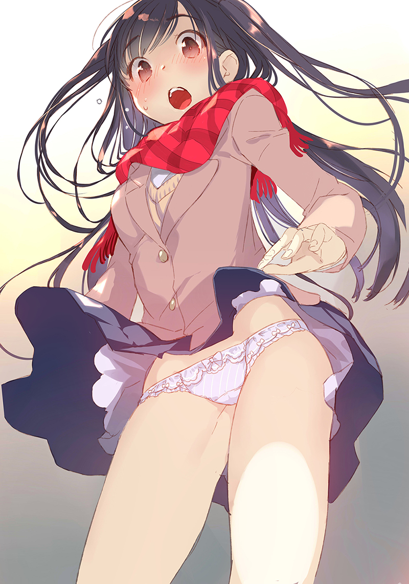 black_eyes black_hair blazer blush bow bow_panties buttons cardigan gin_(oyoyo) jacket lace lace-trimmed_panties long_hair long_sleeves looking_at_viewer miniskirt multicolored multicolored_eyes open_mouth original panties red_eyes red_scarf scarf school_uniform skirt skirt_lift solo sweat underwear white_panties wind wind_lift