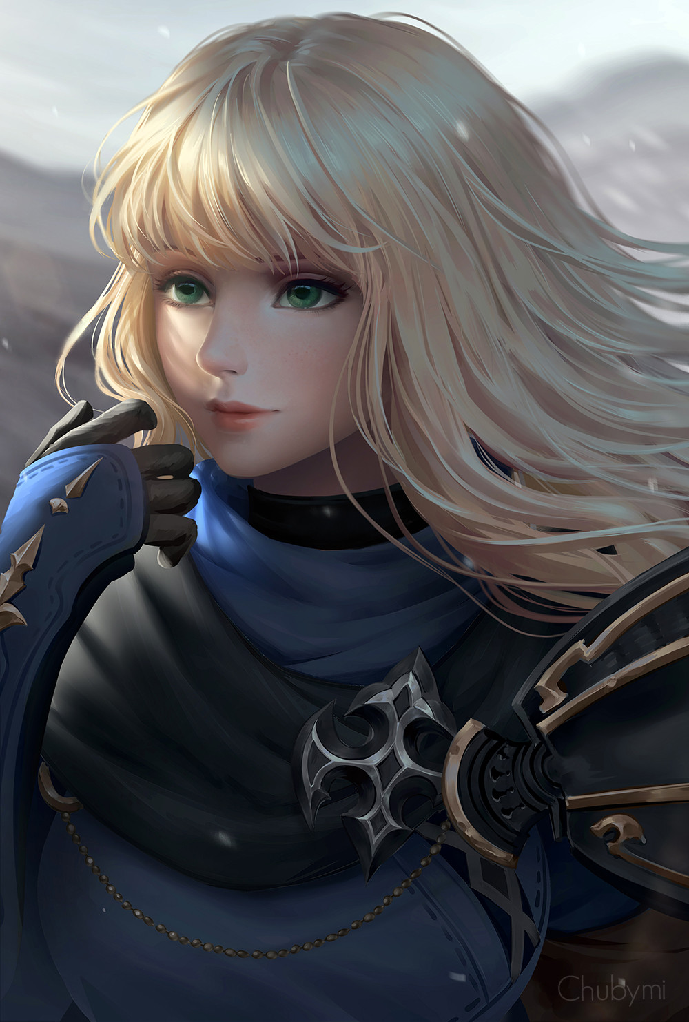 artist_name bangs black_gloves blush character_request chuby_mi closed_mouth commentary eyelashes final_fantasy final_fantasy_xiv gloves green_eyes highres lips long_hair looking_afar realistic red_lips solo watermark