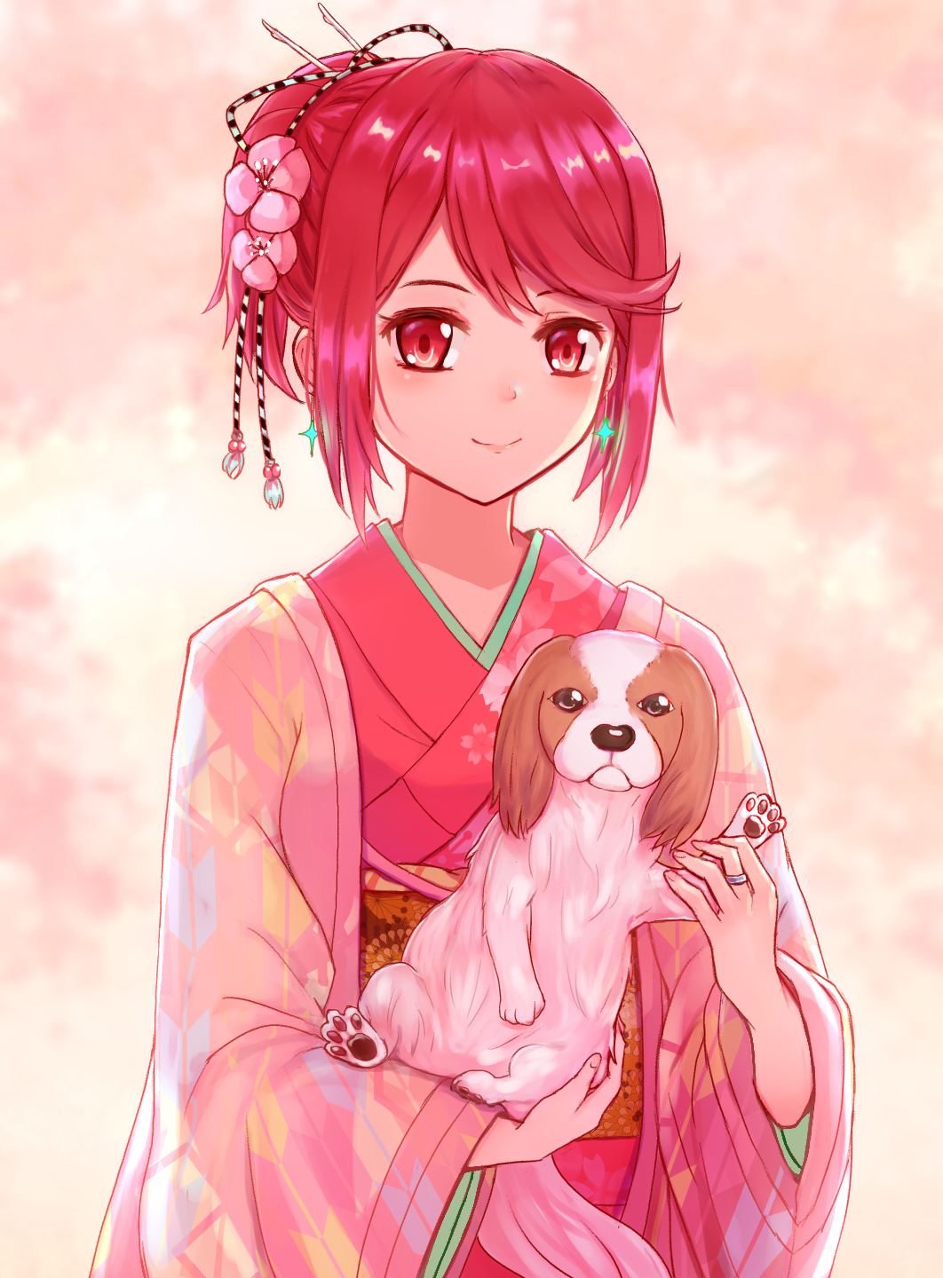 2018 animal blush carrying chinese_zodiac dog earrings highres homura_(xenoblade_2) japanese_clothes jewelry kimono looking_at_viewer new_year red_eyes red_hair saito_(pigrank) short_hair simple_background smile solo tiara xenoblade_(series) xenoblade_2 year_of_the_dog