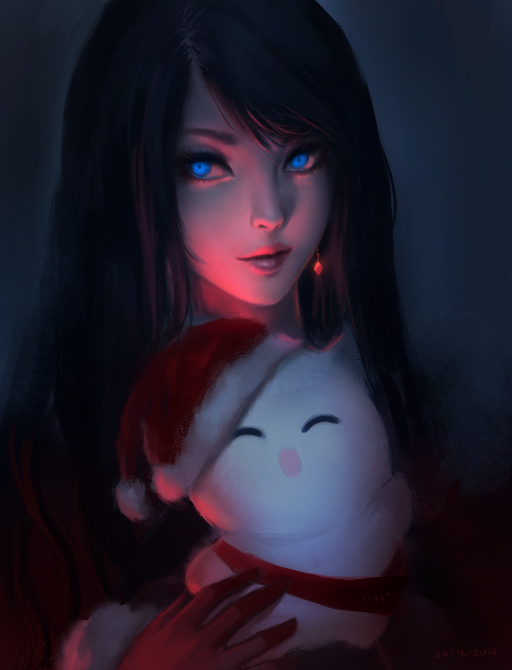 black_hair character_request commentary dark dark_room dated eyelashes final_fantasy final_fantasy_xiv fur-trimmed_hat glowing glowing_eyes hat highres long_hair looking_at_viewer nguyen_uy_vu nose red_hat santa_hat solo