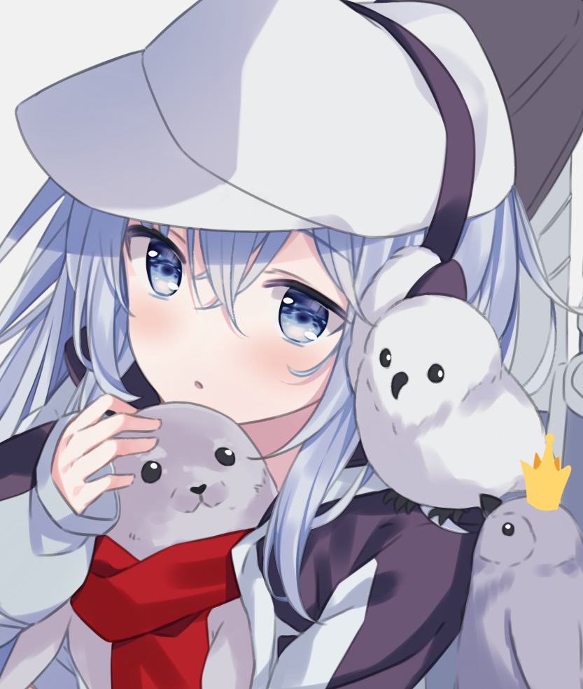 :o animal animal_on_shoulder bird bird_on_shoulder blue_eyes blue_hair blush clothed_animal commentary earmuffs english_commentary eyebrows_visible_through_hair hair_between_eyes hat hibiki_(kantai_collection) hitsukuya kantai_collection long_hair long_sleeves looking_at_viewer owl parted_lips penguin red_scarf scarf seal solo
