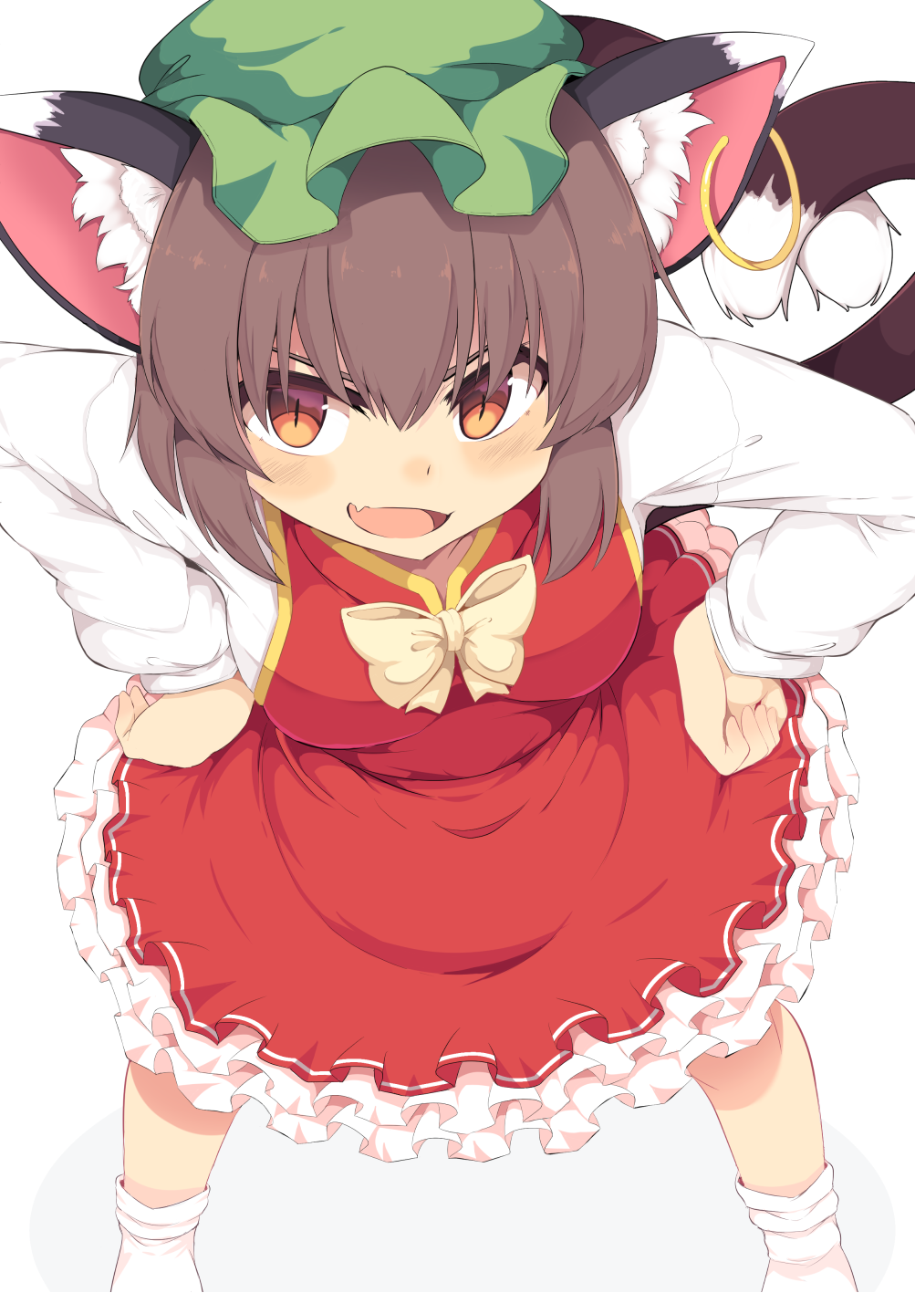 animal_ears bow bowtie breasts brown_hair cat_ears cat_tail chen commentary_request dress frilled_dress frills green_hat hands_on_hips hat highres jewelry leaning_forward legs_apart lolimate long_sleeves looking_at_viewer medium_breasts multiple_tails open_mouth orange_eyes red_dress short_dress simple_background single_earring slit_pupils smile socks solo tail touhou two_tails white_background white_legwear yellow_neckwear