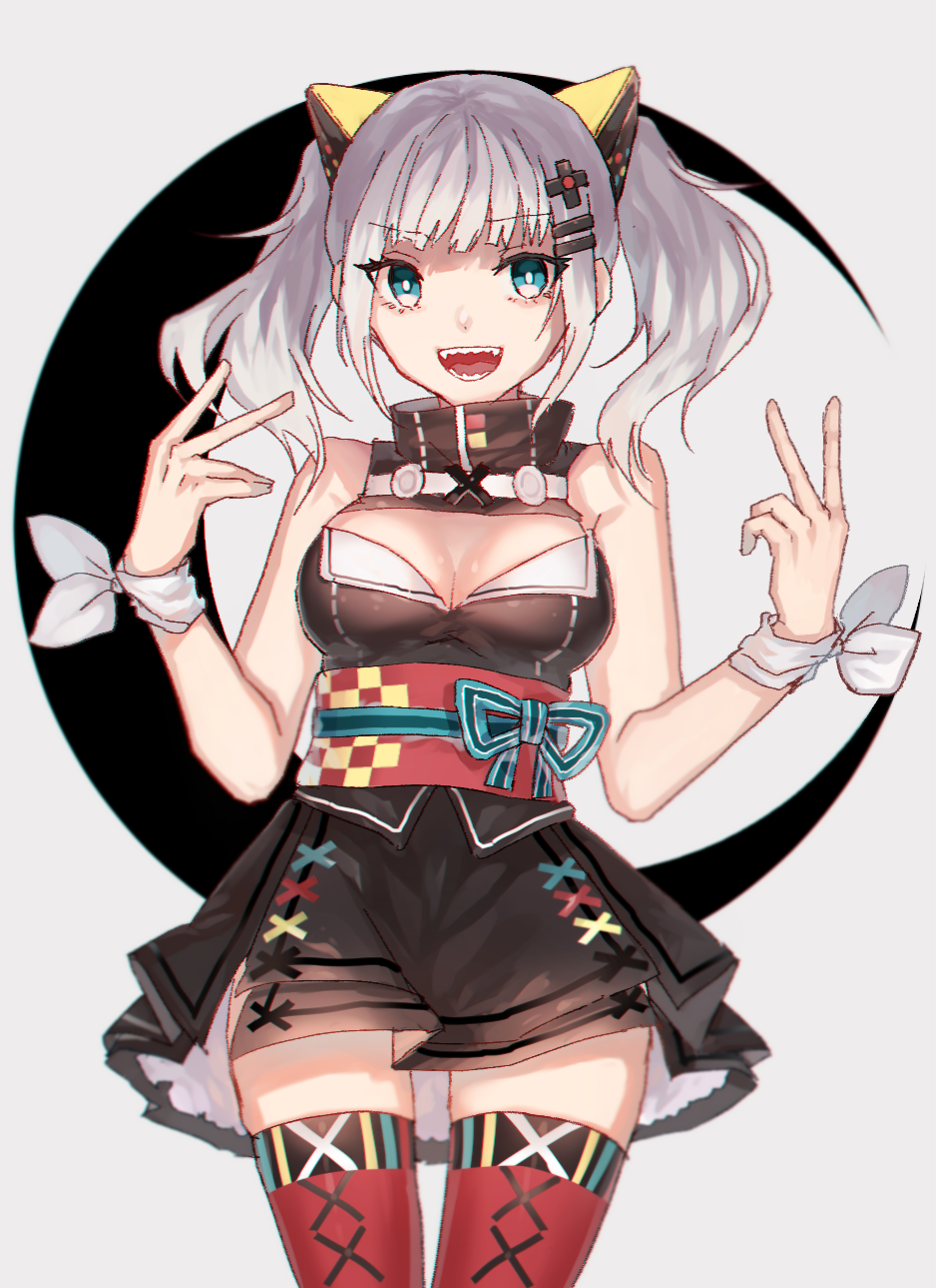 :d bad_id bad_pixiv_id bangs bare_shoulders black_dress blue_eyes blue_ribbon blunt_bangs breasts bright_pupils cleavage cleavage_cutout cowboy_shot crescent danjou_sora double_v dress eyebrows_visible_through_hair grey_background hair_ornament hairclip highres kaguya_luna kaguya_luna_(character) long_hair looking_at_viewer medium_breasts open_mouth petticoat red_legwear ribbon sash shaded_face sharp_teeth short_dress sidelocks silver_hair sleeveless sleeveless_dress smile solo standing teeth thighhighs twintails v white_ribbon wrist_ribbon zettai_ryouiki