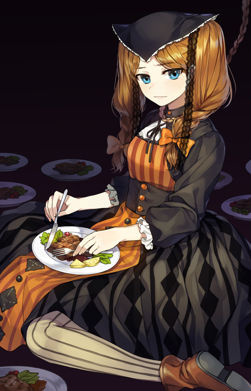 black_dress blue_eyes bow braid brown_hair buranko_(marchen) dress food fork freckles gijang hair_bow highres holding holding_knife knife long_hair looking_at_viewer marchen meat noose orange_bow plate solo sound_horizon striped striped_legwear twin_braids vertical-striped_legwear vertical_stripes