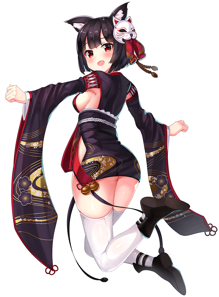2drr :d animal_ears ass azur_lane bangs bell black_footwear black_hair black_kimono blunt_bangs blush bob_cut breasts cat_ears cat_mask eyebrows_visible_through_hair fang from_behind full_body furisode hair_ribbon japanese_clothes jingle_bell kimono leg_up long_sleeves looking_at_viewer looking_back mask mask_on_head medium_breasts open_mouth outstretched_arms print_kimono red_eyes red_ribbon ribbon shiny shiny_hair shiny_skin shoes short_hair short_kimono sideboob simple_background smile solo thighhighs thighs white_background white_legwear wide_sleeves yamashiro_(azur_lane)