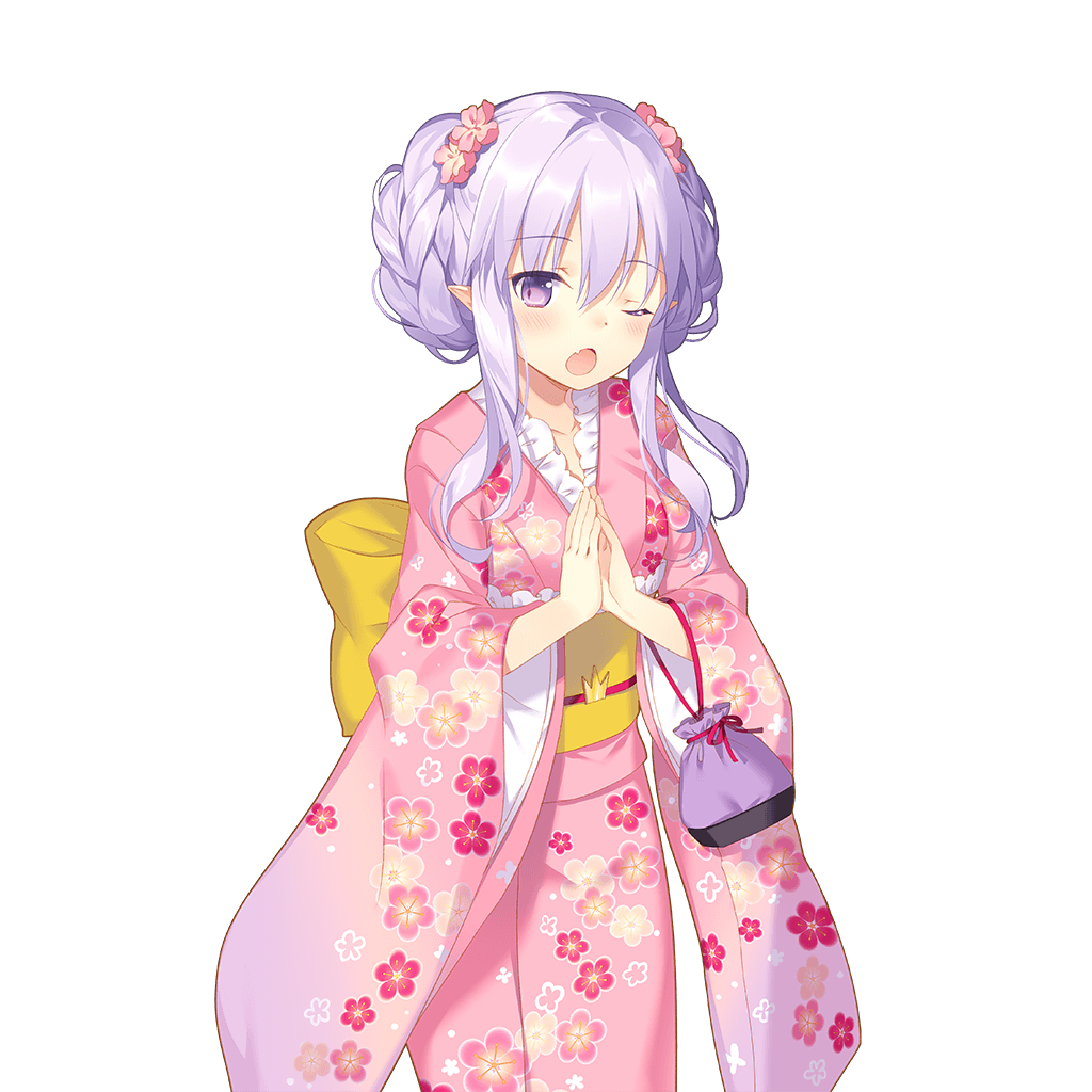 cowboy_shot fang floral_print flower furisode hair_flower hair_ornament hands_together japanese_clothes kimono lavender_hair long_sleeves looking_at_viewer miss_barbara obi official_art one_eye_closed open_mouth pointy_ears purple_eyes rie_(reverie) sash sidelocks solo transparent_background uchi_no_hime-sama_ga_ichiban_kawaii updo wide_sleeves