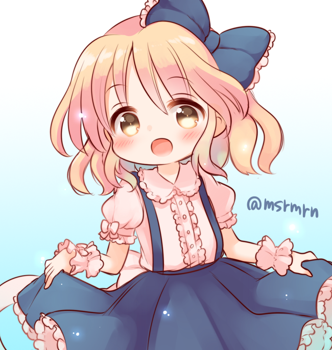 :d alice_margatroid alice_margatroid_(pc-98) bangs blonde_hair blue_background blue_bow blue_skirt blush bow center_frills eyebrows_visible_through_hair frilled_bow frilled_skirt frills gradient gradient_background hair_between_eyes hair_bow marshmallow_mille open_mouth pleated_skirt puffy_short_sleeves puffy_sleeves shirt short_sleeves skirt smile solo suspender_skirt suspenders touhou touhou_(pc-98) twitter_username white_background white_shirt wrist_cuffs yellow_eyes