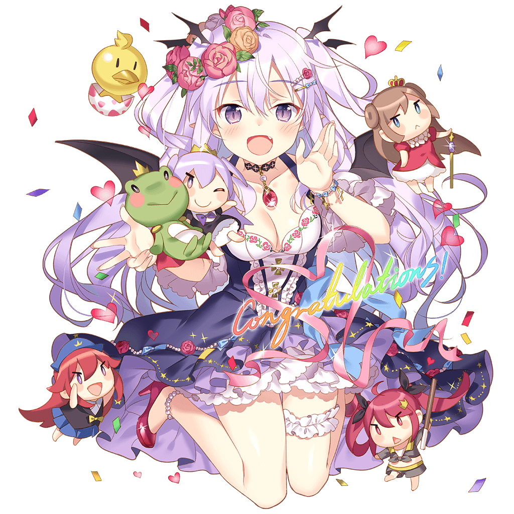 :&lt; :d ;) bat_wings bead_anklet bird black_wings blush breasts chibi choker cleavage confetti dress eyebrows_visible_through_hair fang flower frog hair_flower hair_ornament head_wings high_heels jewelry lavender_hair leg_garter long_hair looking_at_viewer medium_breasts miss_barbara multiple_girls official_art one_eye_closed open_mouth pointy_ears pumps purple_eyes red_footwear rie_(reverie) rose smile transparent_background triangle_mouth two_side_up uchi_no_hime-sama_ga_ichiban_kawaii wings
