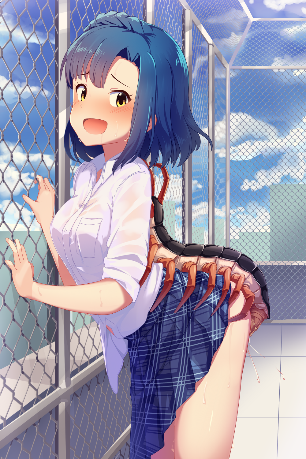 :d against_fence antennae bestiality blue_hair blue_skirt blue_sky blush braid breast_pocket breasts bug chain-link_fence collared_shirt day dress_shirt eyebrows_visible_through_hair fence from_side highres idolmaster idolmaster_million_live! insect leaning_forward looking_at_viewer looking_to_the_side medium_breasts monster nanao_yuriko nose_blush open_mouth outdoors plaid plaid_skirt pleated_skirt pocket rooftop see-through sex shiny shiny_skin shirt short_hair skirt sky smile solo standing sweat wet wet_clothes wet_shirt white_shirt wing_collar yellow_eyes yoshika_(music480069)