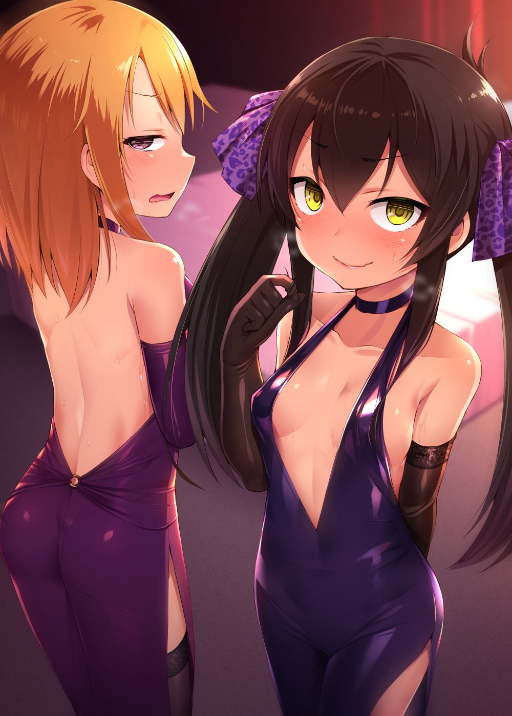 animal_print ass backless_dress backless_outfit bed black_gloves black_legwear blush bow breasts brown_hair choker commentary_request covered_navel dress elbow_gloves embarrassed gloves hair_between_eyes hair_bow hair_ribbon highres idolmaster idolmaster_cinderella_girls indoors leopard_print long_hair matoba_risa multiple_girls no_bra open_mouth orange_hair petite playing_with_own_hair print_ribbon purple_bow purple_choker purple_dress purple_eyes ribbon satou_kuuki short_hair small_breasts standing sweat thighhighs yellow_eyes yuuki_haru