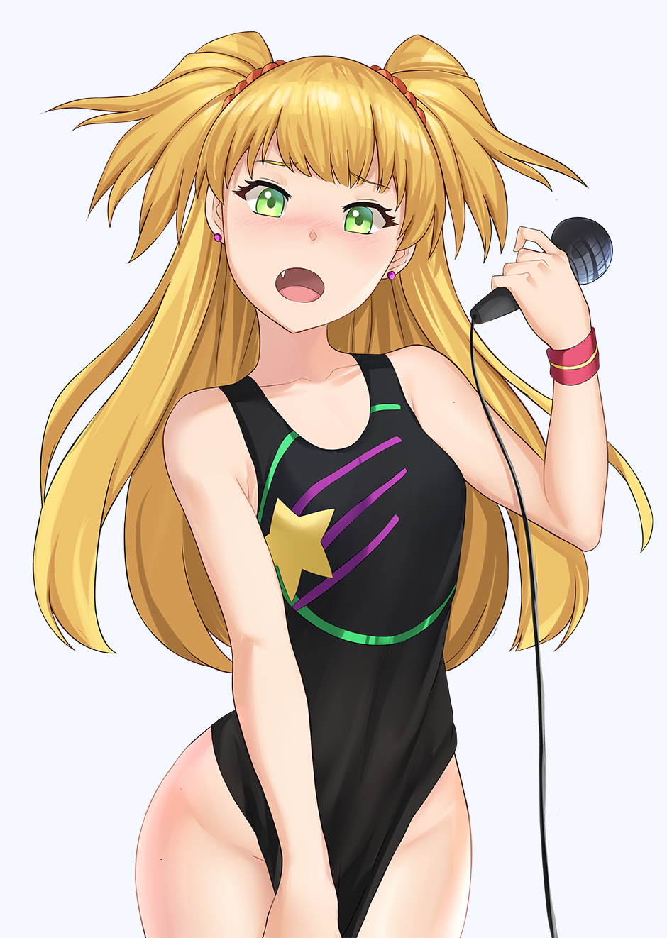 aori_sora black_swimsuit blonde_hair blue_background blush earrings fang green_eyes highres idolmaster idolmaster_cinderella_girls jewelry jougasaki_rika long_hair looking_at_viewer microphone one-piece_swimsuit open_mouth simple_background solo standing swimsuit two_side_up