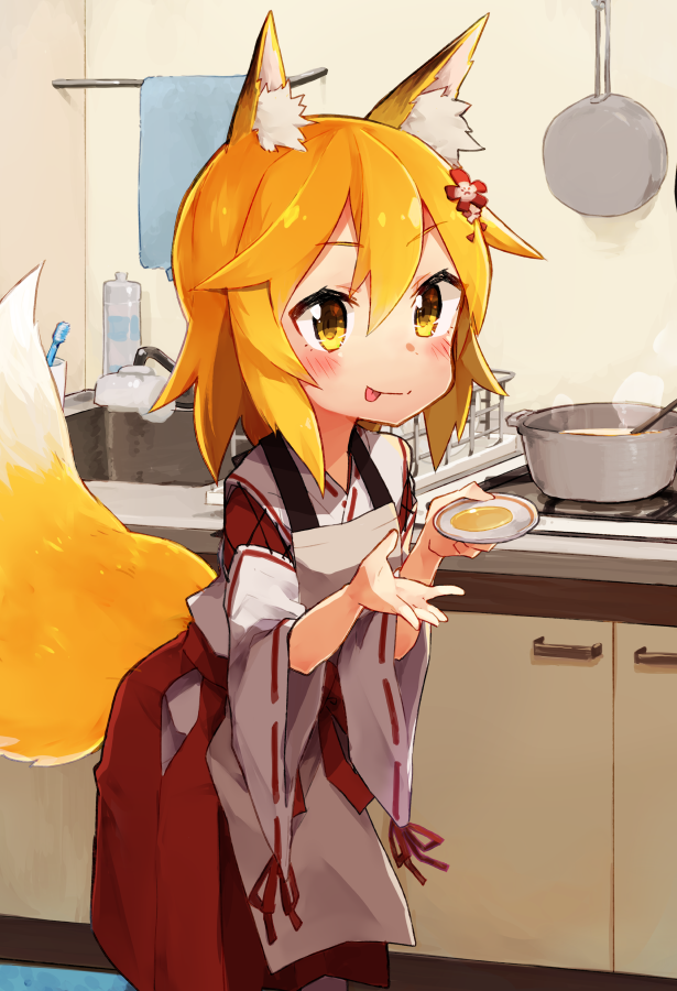 :p animal_ear_fluff animal_ears apron blonde_hair blush brush commentary_request cooking dish flower food fox_ears fox_tail hair_between_eyes hair_flower hair_ornament holding japanese_clothes kitchen miko pot ribbon-trimmed_sleeves ribbon_trim rimukoro senko_(sewayaki_kitsune_no_senko-san) sewayaki_kitsune_no_senko-san sink smile solo soup standing stove tail tongue tongue_out towel wide_sleeves yellow_eyes