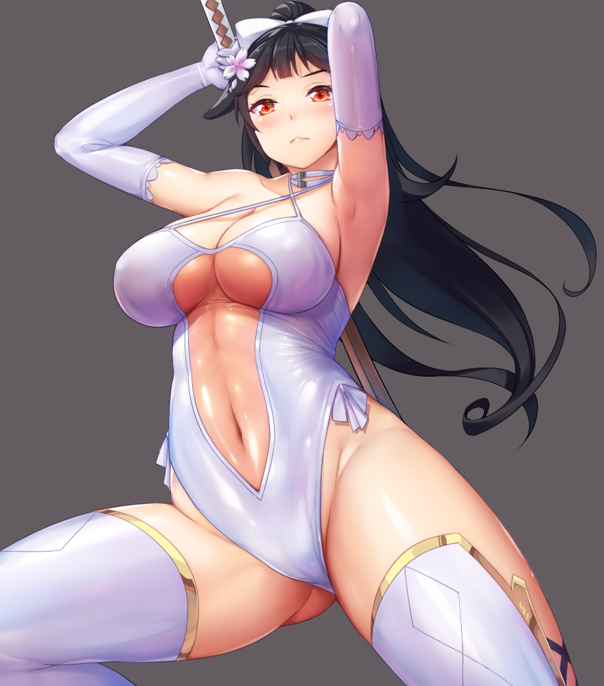armpits arms_up ass_visible_through_thighs azur_lane bangs bare_shoulders black_hair blunt_bangs blush bow breasts casual_one-piece_swimsuit cleavage closed_mouth covered_navel criss-cross_halter elbow_gloves flower from_below gloves grey_background hair_bow hair_flaps hair_flower hair_ornament halterneck holding holding_sword holding_weapon kongeraatio large_breasts legs_apart lips long_hair looking_at_viewer one-piece_swimsuit ponytail red_eyes see-through shiny shiny_clothes shiny_skin simple_background solo standing swimsuit sword takao_(azur_lane) thighhighs thighs underboob weapon white_bow white_gloves white_legwear white_swimsuit