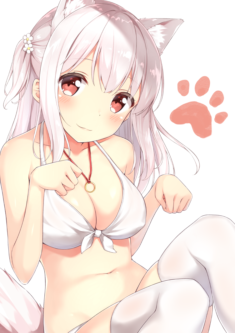 :3 animal_ears bangs bare_shoulders bikini blush breasts cleavage collarbone commentary_request dog_ears dog_tail eyebrows_visible_through_hair front-tie_bikini front-tie_top hair_ornament head_tilt jewelry karutamo long_hair looking_at_viewer medium_breasts navel necklace one_side_up original paw_pose paw_print red_eyes simple_background sitting smile solo swimsuit tail thighhighs tisshu_(karutamo) white_background white_bikini white_hair white_legwear