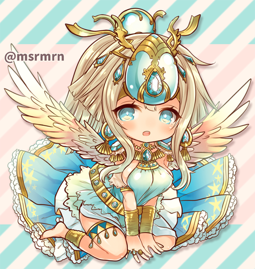 :o bangs beige_wings between_legs blue_dress blue_eyes blush breasts commentary_request diagonal-striped_background diagonal_stripes dress feathered_wings full_body hair_between_eyes hair_ornament hand_between_legs jewelry khepri_(p&amp;d) large_breasts light_brown_hair long_hair looking_at_viewer marshmallow_mille parted_lips puzzle_&amp;_dragons sidelocks sitting sleeveless sleeveless_dress solo striped striped_background twitter_username upper_teeth v_arms very_long_hair wariza wings