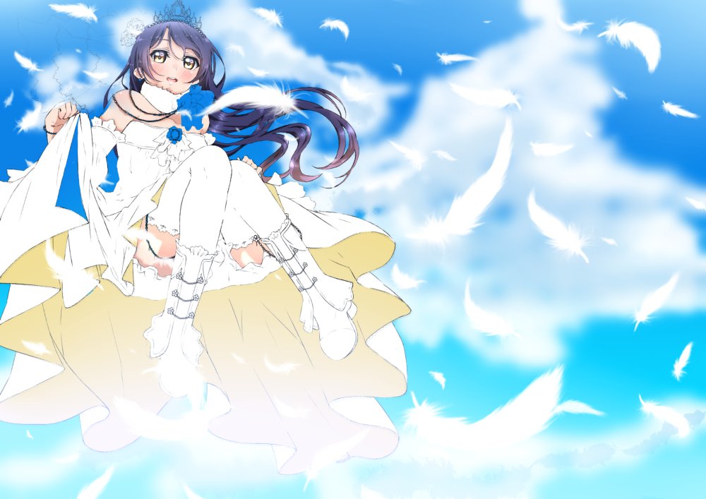 bangs blue_hair blush boots bridal_veil commentary_request day detached_sleeves dress feathers floating flower hair_between_eyes long_hair love_live! love_live!_school_idol_festival love_live!_school_idol_project open_mouth panda_copt skirt_hold sky solo sonoda_umi strapless strapless_dress thighhighs tiara veil wedding_dress white_dress white_footwear white_legwear yellow_eyes