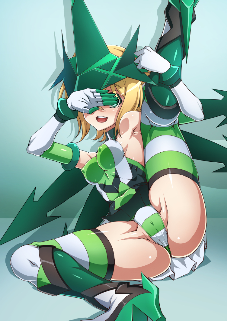 akatsuki_kirika ass bare_shoulders blonde_hair blush breasts cameltoe commentary_request covered_navel covered_nipples covering_face elbow_gloves gloves green green_eyes headgear leg_up leotard looking_at_viewer medium_breasts open_mouth senki_zesshou_symphogear shiny shiny_hair shiny_skin short_hair shunzou sitting skin_tight smile solo spread_legs striped striped_legwear teeth thighhighs
