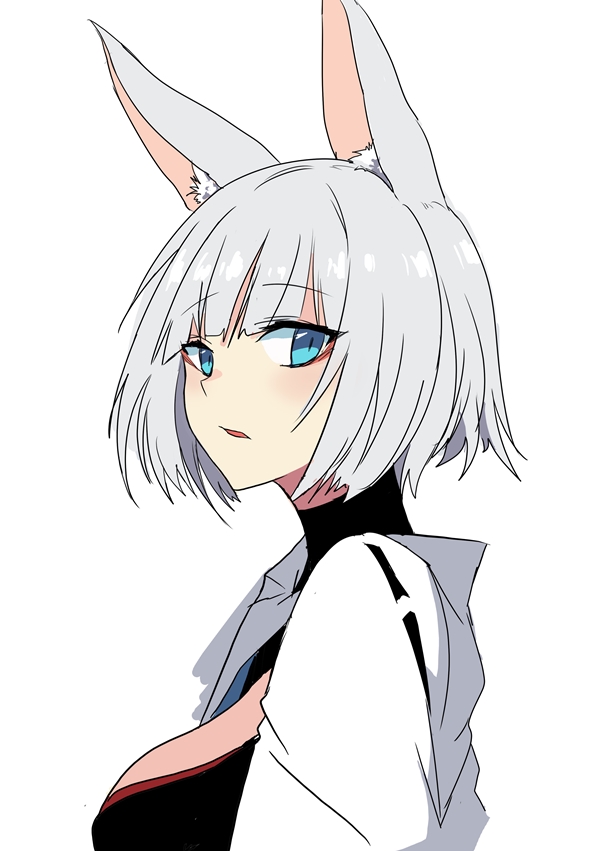animal_ears azur_lane black_choker blue_eyes bob_cut breasts choker commentary_request eyebrows_visible_through_hair eyes_visible_through_hair fox_ears from_side japanese_clothes kaga_(azur_lane) large_breasts looking_at_viewer nontraditional_miko open_clothes open_mouth short_hair simple_background solo tsurime ururu white_background white_hair