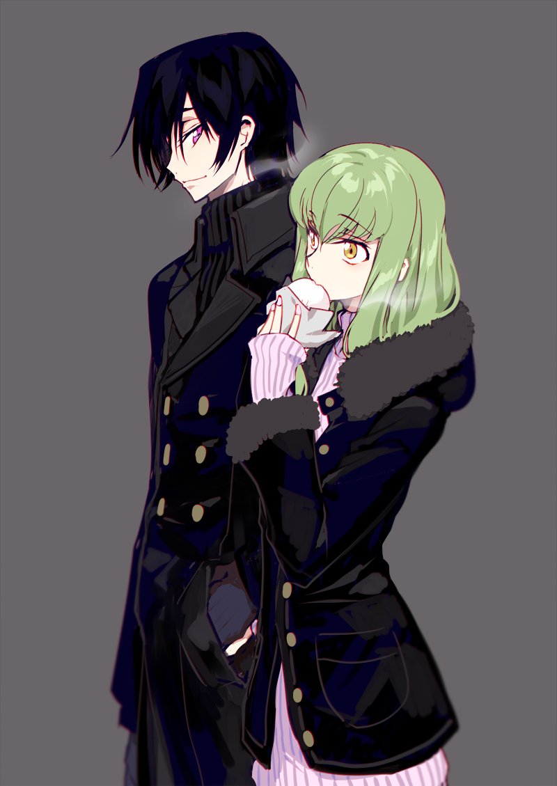 1girl bangs baozi black_hair black_jacket breath c.c. code_geass commentary_request couple creayus eating enpera fingernails food from_side fur_trim gloves green_hair grey_background grey_gloves hand_in_another's_pocket holding holding_food holding_hands hood hood_down jacket lelouch_lamperouge long_hair long_sleeves looking_at_another nail_polish pink_nails pink_sweater purple_eyes scarf simple_background smile standing sweater yellow_eyes