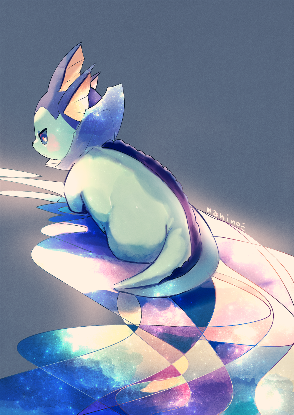 bad_pixiv_id blue_background blue_eyes blush commentary_request fins from_behind full_body gen_1_pokemon highres manino_(mofuritaionaka) no_humans partial_commentary pokemon pokemon_(creature) reflection signature simple_background solo vaporeon wading