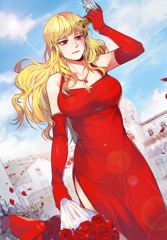 blonde_hair bouquet breasts dress earrings elbow_gloves elysion flower gijang gloves gun jewelry large_breasts long_hair necklace red_dress red_eyes red_gloves rose sleeveless sleeveless_dress solo sound_horizon stella_(sound_horizon) weapon