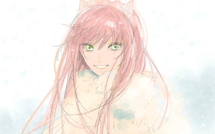 commentary_request etomoeto fate/grand_order fate_(series) green_eyes long_hair medb_(fate)_(all) medb_(fate/grand_order) pink_hair simple_background smile solo tiara white_coat