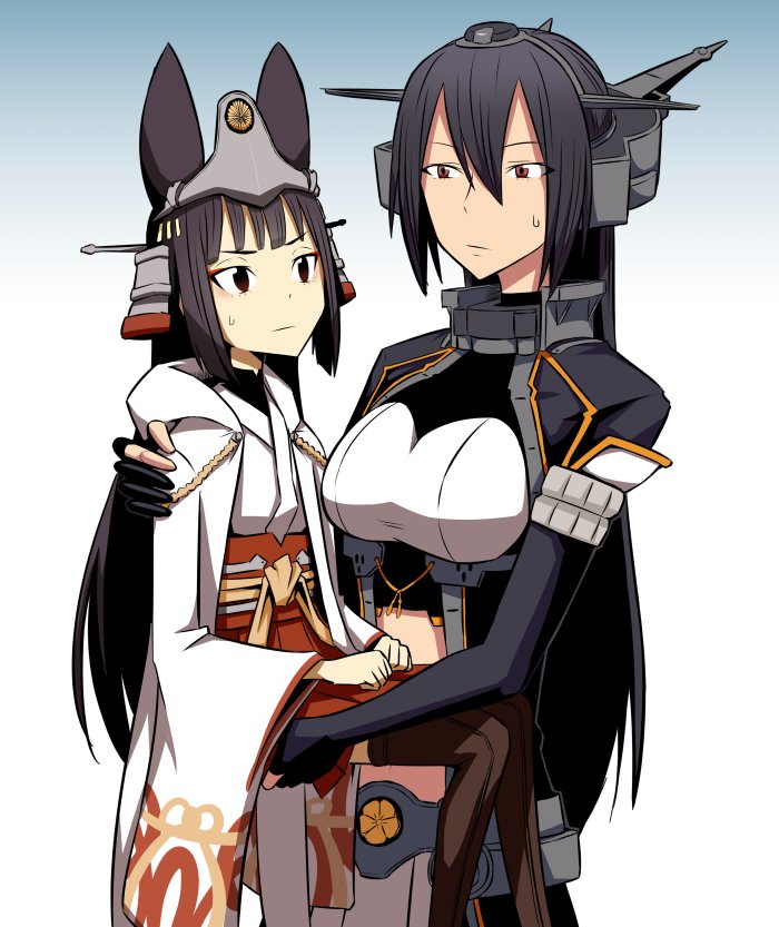 animal_ears azur_lane bangs birii blunt_bangs breasts brown_eyes brown_hair collar commentary_request crossover elbow_gloves girdle gloves gradient gradient_background hair_between_eyes headgear height_difference jacket japanese_clothes kantai_collection large_breasts lifting_person long_hair long_sleeves midriff miko multiple_girls nagato_(azur_lane) nagato_(azur_lane)_(old_design) nagato_(kantai_collection) namesake partly_fingerless_gloves remodel_(kantai_collection) sweatdrop wide_sleeves