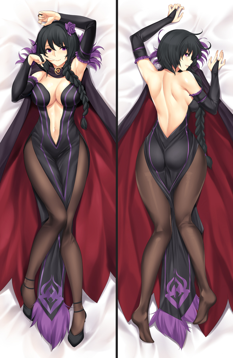 arm_up armpits ass backless_dress backless_outfit bare_back bare_shoulders bed_sheet black_dress black_gloves black_hair braid breasts bridal_gauntlets brown_legwear cape cape_removed center_opening commentary dakimakura dress elbow_gloves elsa_granhilte eyebrows_visible_through_hair finger_to_mouth flower full_body gloves hair_flower hair_ornament highres large_breasts long_hair looking_at_viewer looking_back lying multiple_views navel no_shoes on_back on_stomach pantyhose parted_lips pelvic_curtain purple_eyes re:zero_kara_hajimeru_isekai_seikatsu shoes shoulder_blades side_braid single_braid smile tony_guisado