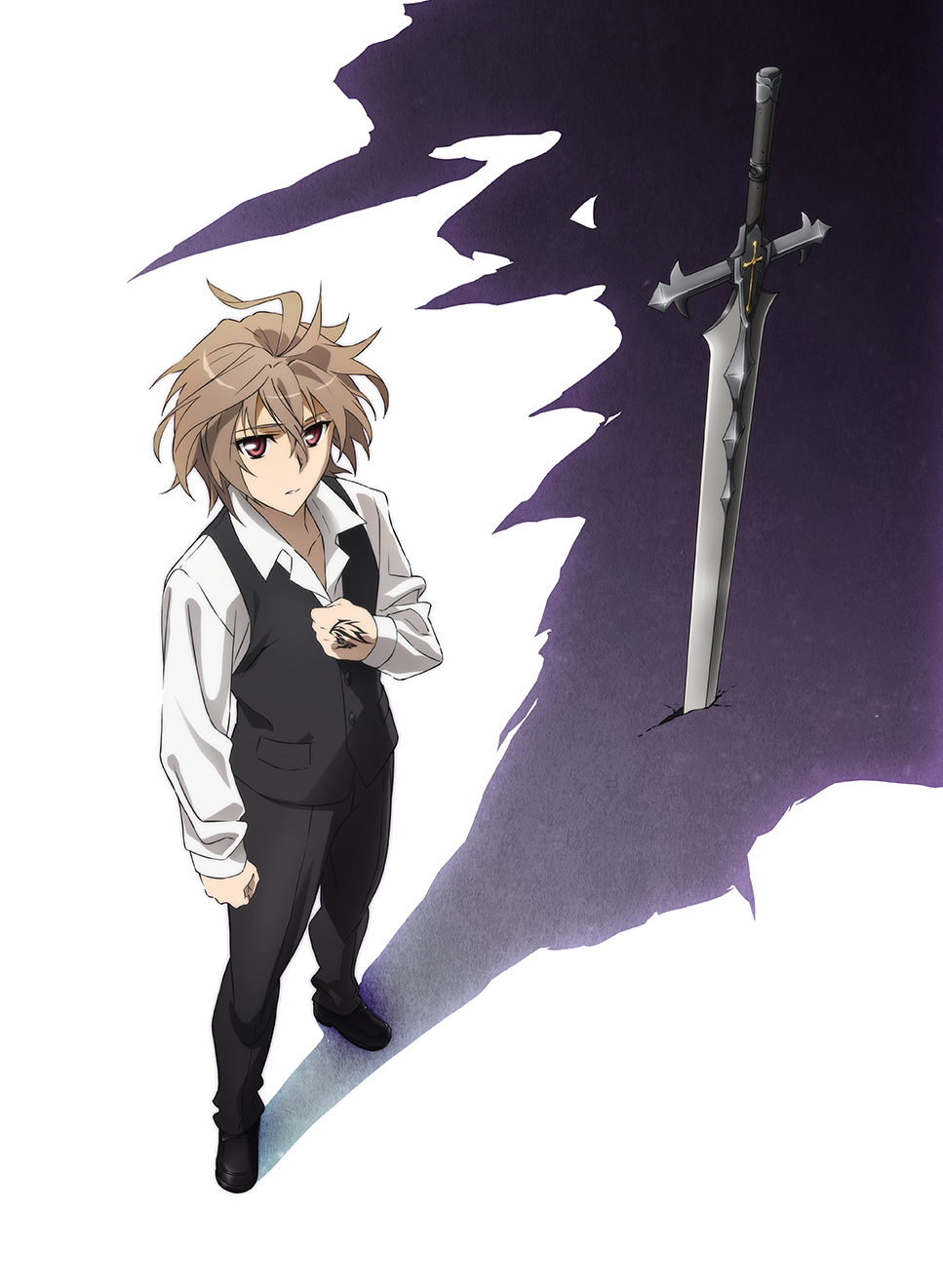 1boy ahoge balmung_(fate/apocrypha) bangs belt black_footwear black_pants brown_hair command_spell different_shadow eyebrows_visible_through_hair fate/apocrypha fate_(series) full_body hair_between_eyes highres long_pants long_sleeves looking_at_viewer looking_up male_focus official_art pants parted_lips planted_sword planted_weapon red_eyes shadow shirt shoes short_hair sieg_(fate/apocrypha) solo sword waistcoat weapon white_hair white_shirt yamada_yukei