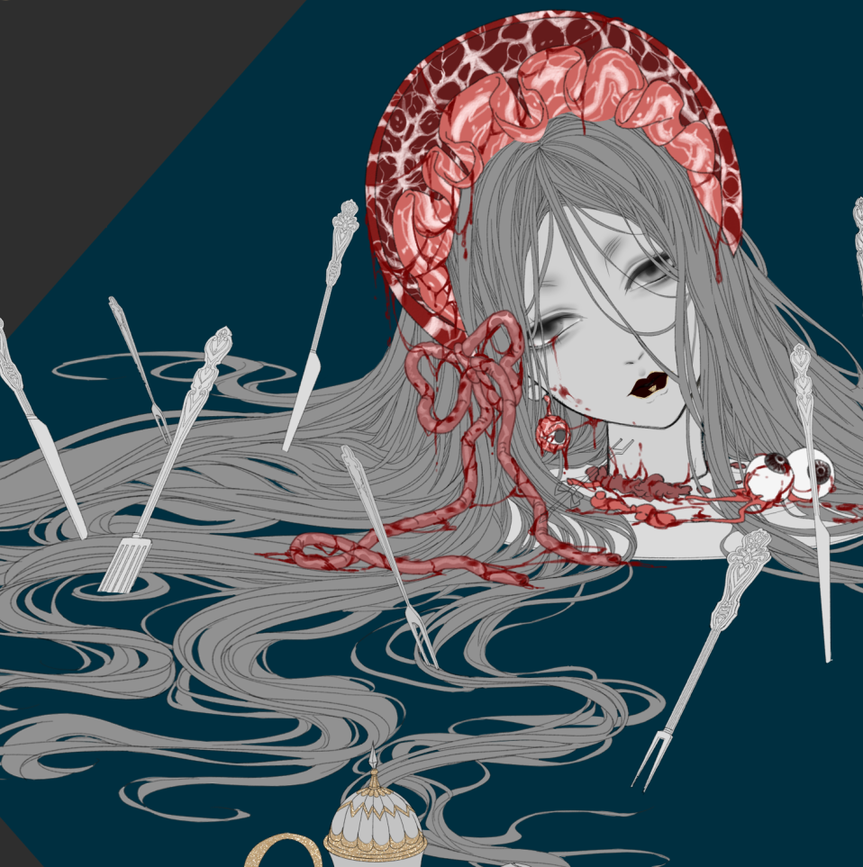bad_id bad_pixiv_id blood bloody_tears blue_background bonnet closed_mouth commentary_request decapitation entrails fork guro head_tilt limited_palette long_hair looking_at_viewer miemia organs original solo tray very_long_hair