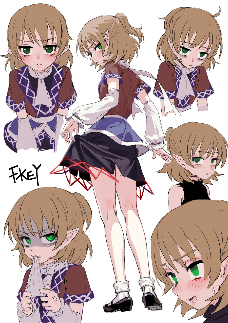 artist_name bare_shoulders biting black_skirt blonde_hair blush character_sheet clenched_teeth commentary_request detached_sleeves expressions eyebrows_visible_through_hair fkey from_behind full_body green_eyes highres lifted_by_self looking_at_viewer looking_back mary_janes mizuhashi_parsee pointy_ears shaded_face shoes short_hair short_sleeves simple_background skirt skirt_lift socks standing sweatdrop teeth touhou white_background white_legwear white_neckwear