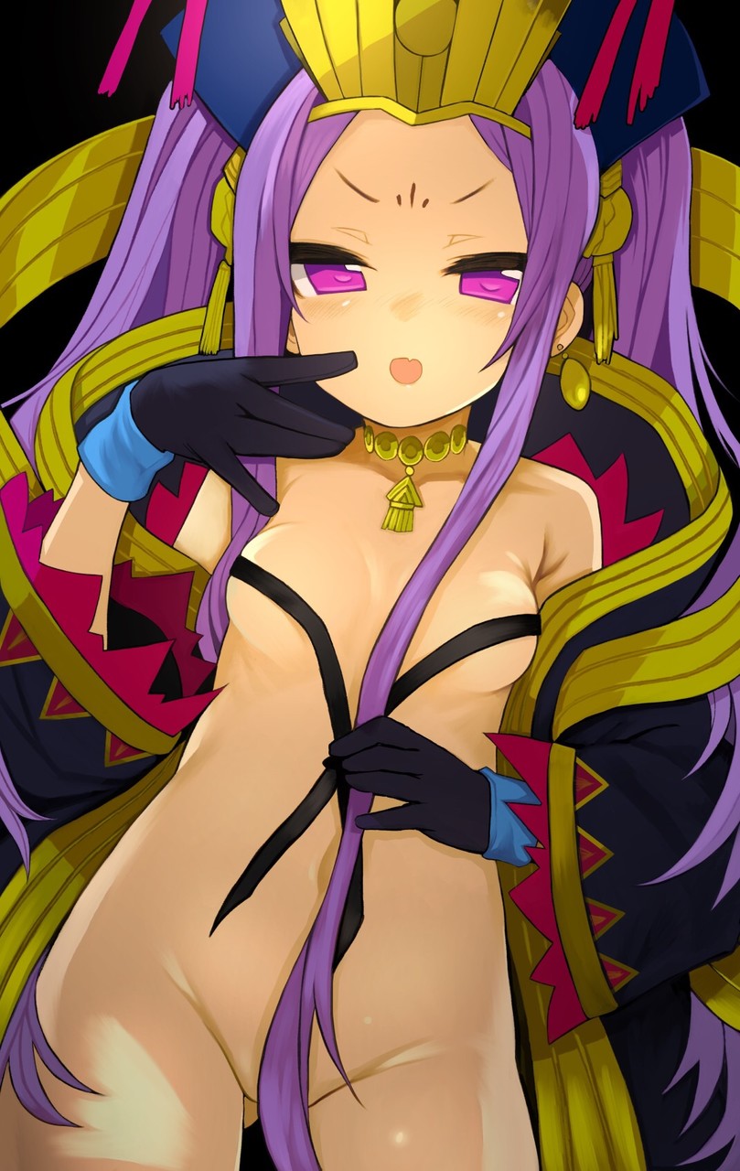ass_visible_through_thighs bangs black_background black_gloves blush bottomless breasts chinese_clothes collar commentary_request cowboy_shot earrings fang fate/grand_order fate_(series) forehead gloves groin hair_censor hand_up hat highres izuoku jewelry long_hair long_sleeves looking_at_viewer nose_blush open_mouth parted_bangs purple_eyes purple_hair ribbon shawl short_eyebrows small_breasts solo very_long_hair wu_zetian_(fate/grand_order)