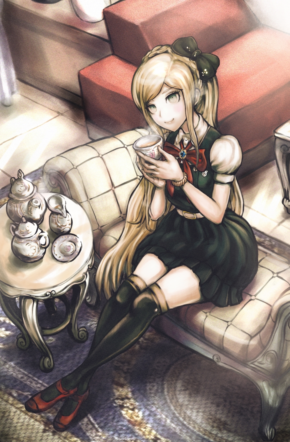 2hands1cup belt blonde_hair blue_eyes bow braid brooch cup danganronpa dgrp_(minhduc12333) dress graphite_(medium) hair_bow highres holding holding_cup jewelry komatsuzaki_rui_(style) long_hair official_style puffy_short_sleeves puffy_sleeves short_sleeves sitting skirt solo sonia_nevermind super_danganronpa_2 teapot thighhighs traditional_media
