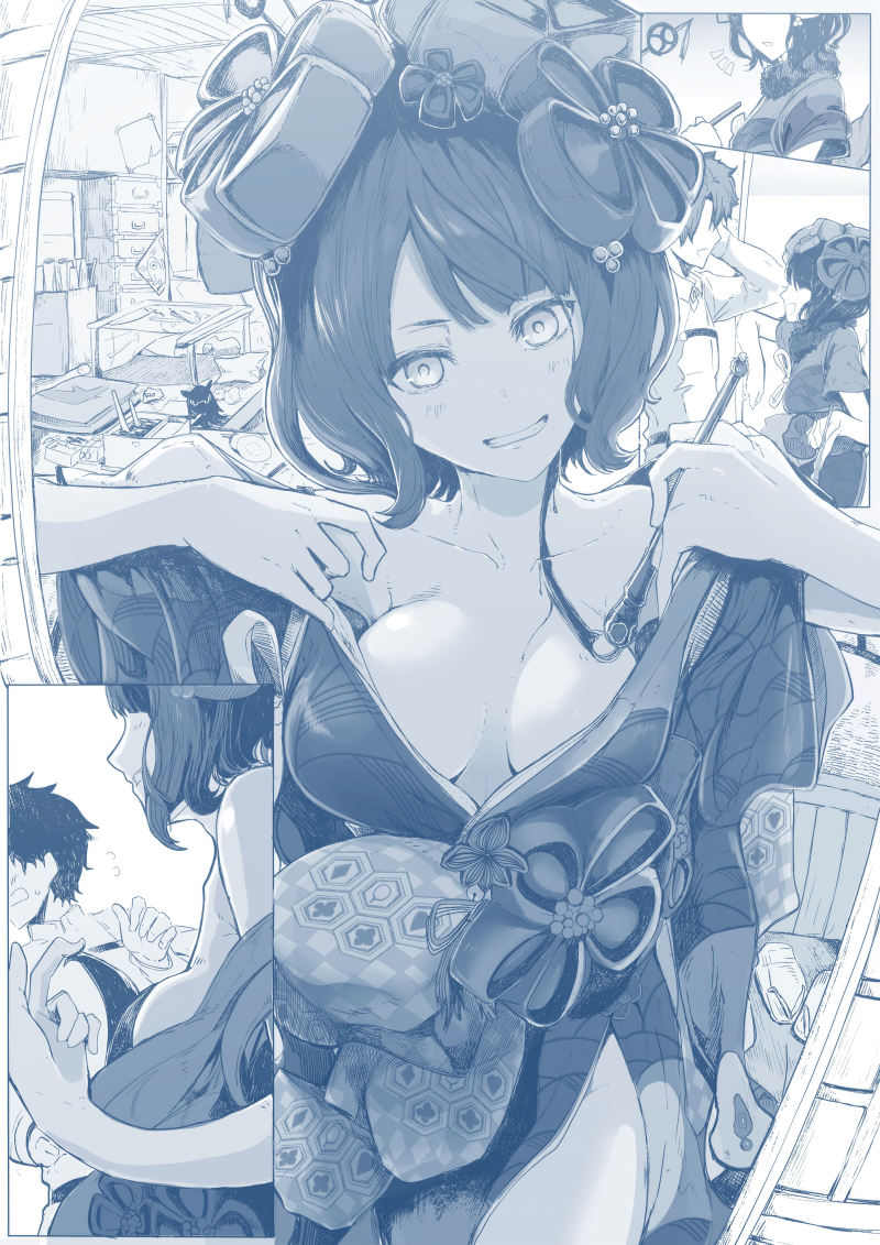 1girl bangs bare_shoulders blue bodypaint breasts calligraphy_brush comic commentary_request fate/grand_order fate_(series) flower fujimaru_ritsuka_(male) grin hair_flower hair_ornament japanese_clothes katsushika_hokusai_(fate/grand_order) kimono looking_at_viewer medium_breasts messy_room monochrome no_eyes obi octopus open_clothes open_kimono paintbrush pov revision sash short_hair silent_comic smile syatey teasing tokitarou_(fate/grand_order) undressing