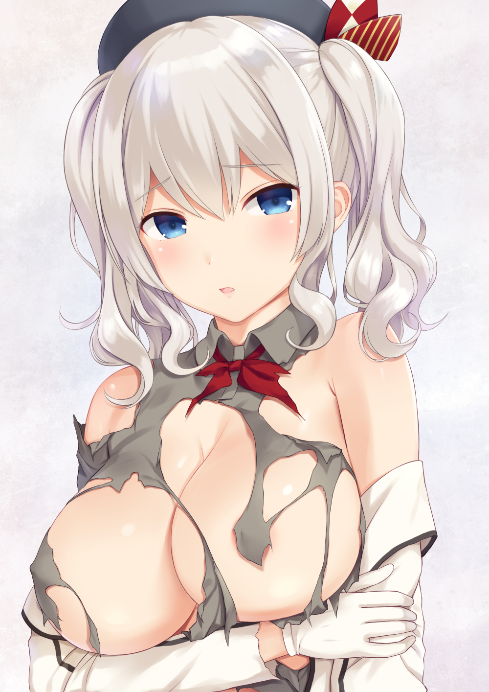 banned_artist beret blue_eyes breasts eyebrows_visible_through_hair gloves grey_shirt hair_between_eyes hat highres jacket kantai_collection kashima_(kantai_collection) kerchief large_breasts n.g. open_mouth shirt short_hair silver_hair solo torn_clothes torn_shirt two_side_up white_gloves white_jacket