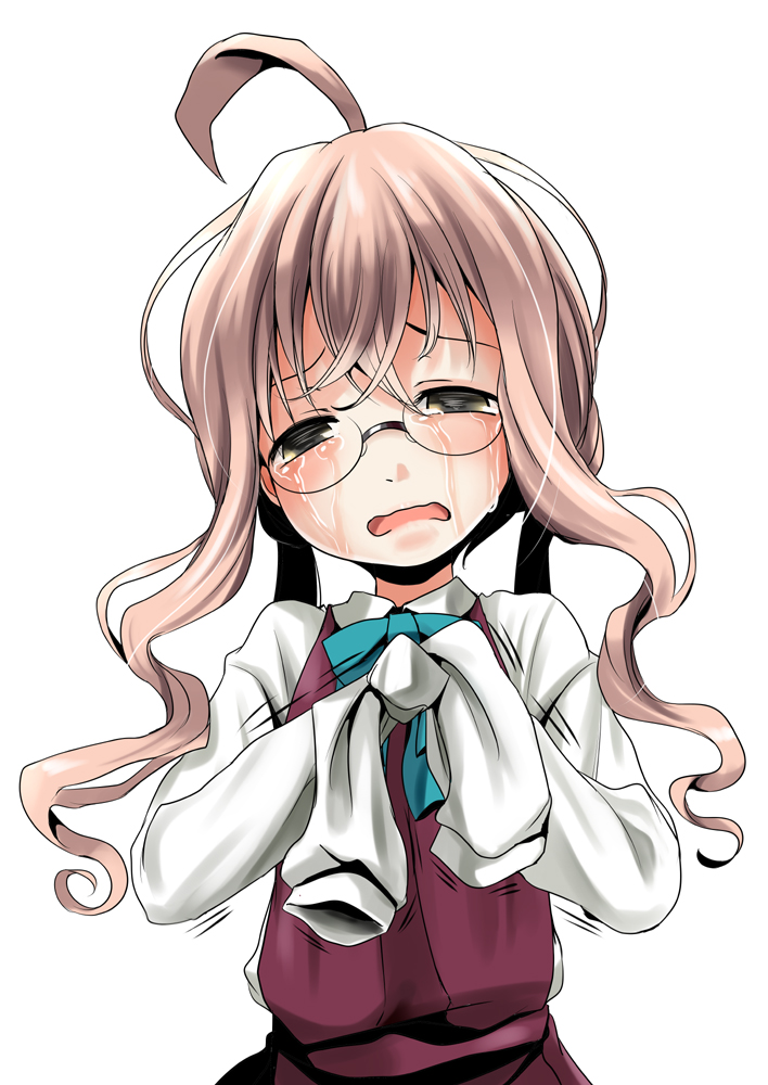 ahoge commentary_request crying crying_with_eyes_open dress dress_shirt glasses kantai_collection kurona long_hair makigumo_(kantai_collection) open_mouth pink_hair red_dress shirt sleeves_past_fingers sleeves_past_wrists solo tears tied_sleeves yellow_eyes
