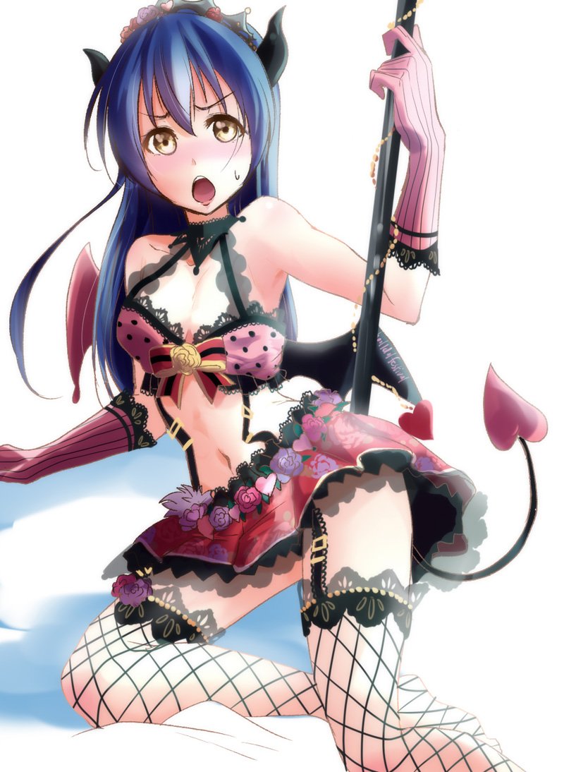 ayase_eli ayase_eli_(cosplay) bangs bare_shoulders blue_hair commentary_request cosplay demon_girl demon_horns demon_tail demon_wings fishnets floral_print flower frills garter_straps gloves hair_between_eyes hair_ornament heart holding horns lace lace-trimmed_thighhighs long_hair looking_at_viewer love_live! love_live!_school_idol_festival love_live!_school_idol_project lying navel open_mouth skirt solo sonoda_umi suspender_skirt suspenders tail thighhighs urutsu_sahari wings yellow_eyes