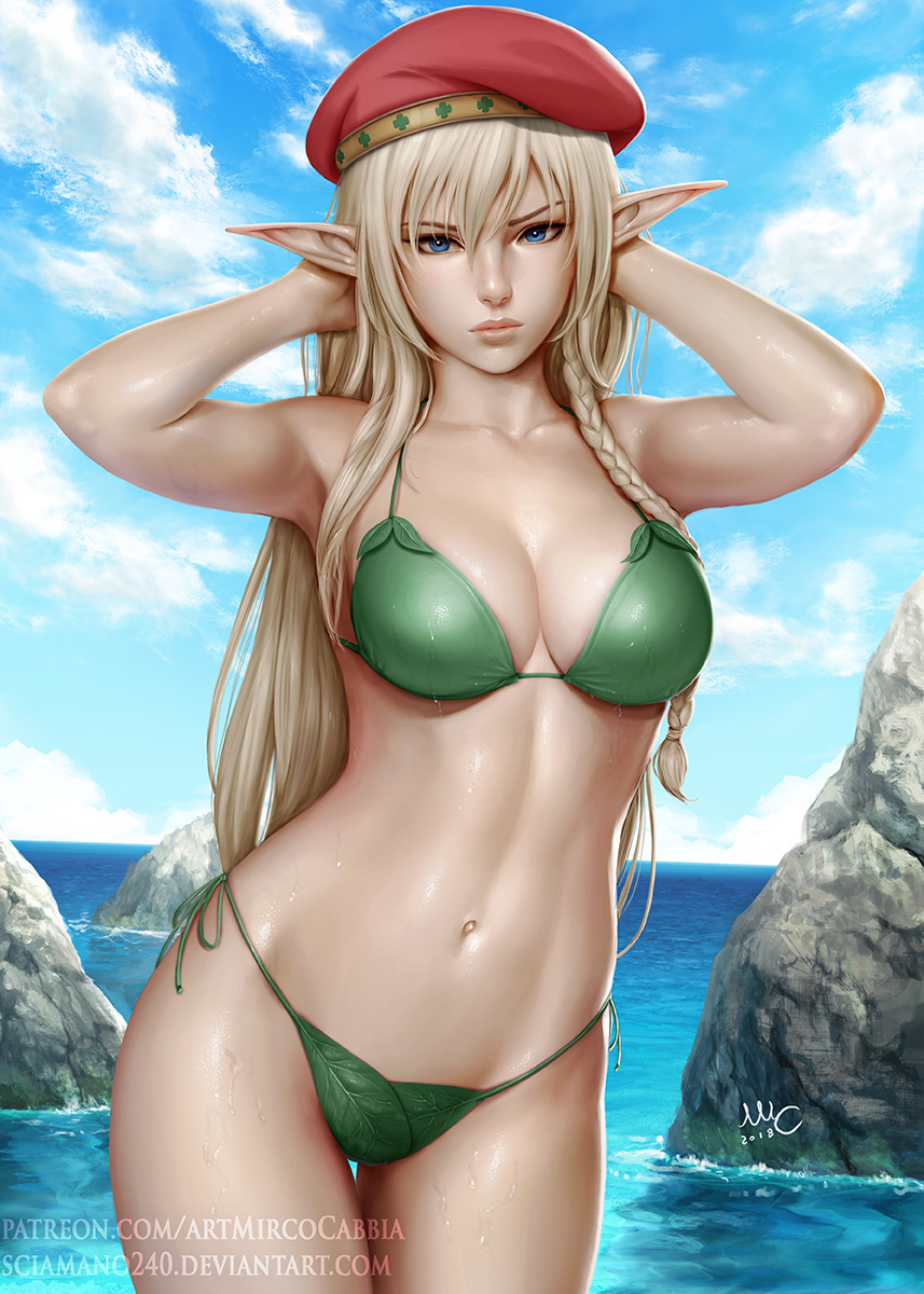 alleyne_(queen's_blade) armpits arms_behind_head bad_id bad_tumblr_id bangs bare_arms bare_shoulders beret bikini blonde_hair blue_eyes blue_sky braid breasts closed_mouth cloud commentary contrapposto cowboy_shot dated day deviantart_username elf green_bikini hair_between_eyes hands_up hat highres large_breasts leaf_bikini legs_together lips long_hair looking_at_viewer navel ocean outdoors patreon_username pointy_ears queen's_blade realistic red_hat rock sciamano240 side-tie_bikini signature sky solo standing swimsuit thigh_gap wading water watermark wet