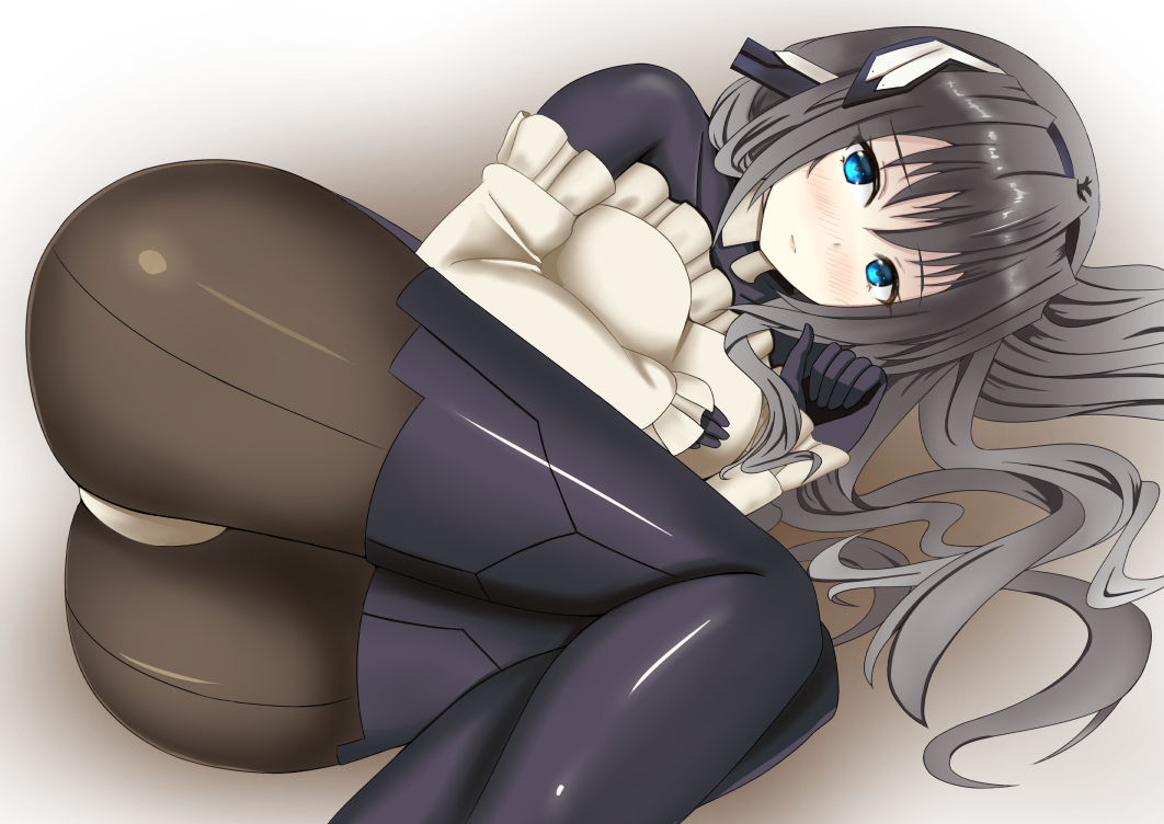 1girl apron artist_request ass black_hair blue_eyes blush bodysuit breasts cameltoe gloves headgear horizon_ariadust kyoukaisenjou_no_horizon long_hair looking_at_viewer lying medium_breasts on_side pantyhose shiny shiny_clothes shiny_hair smile solo thighhighs very_long_hair