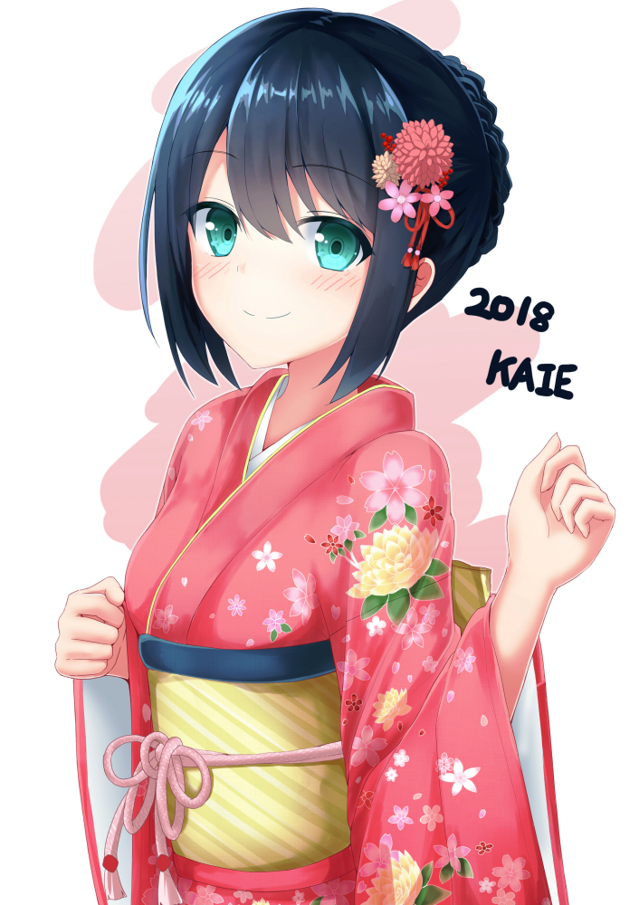 2018 artist_name bangs black_hair blush braid closed_mouth commentary_request eyebrows_visible_through_hair floral_print flower green_eyes hair_between_eyes hair_flower hair_ornament japanese_clothes kaie kimono long_sleeves looking_at_viewer obi original pink_flower pink_kimono print_kimono sash sidelocks smile solo upper_body white_background wide_sleeves