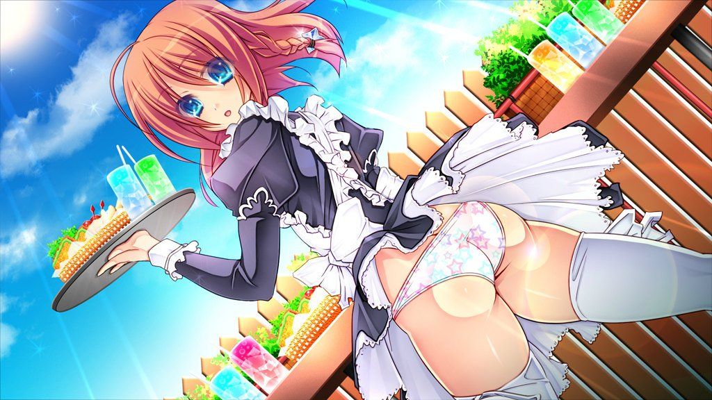 1girl blue_eyes game_cg legend_seven looking_at_viewer looking_back maid panties pantyshot red_hair short_hair thighhighs tray underwear white_thighhighs
