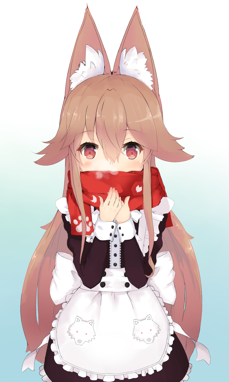 alternate_costume animal_ears apron bangs black_dress blue_background blush borrowed_character bow breath brown_hair commentary_request covered_mouth dress enmaided eyebrows_visible_through_hair fox_ears frilled_apron frilled_dress frills gradient gradient_background hair_between_eyes hair_flaps highres long_hair looking_at_viewer maid original paw_print red_eyes red_scarf scarf solo very_long_hair white_apron white_background white_bow yasuhisa_(18456628)