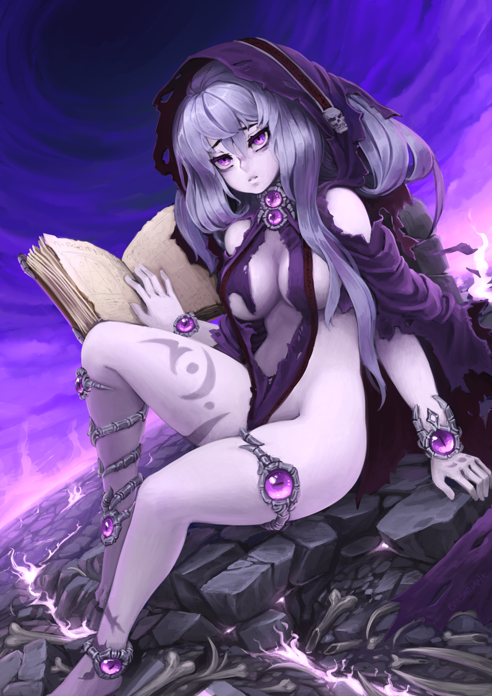 anklet artist_name barbariank bare_legs barefoot bone book bracelet breasts cloak closed_mouth expressionless fire grey_hair hair_between_eyes highres hood hooded_cloak jewelry lich_(monster_girl_encyclopedia) long_hair looking_at_viewer medium_breasts monster_girl_encyclopedia naked_cloak no_bra no_panties open_book purple_eyes purple_fire purple_sky rock sitting skull solo tattoo thighlet torn_cloak torn_clothes undead white_skin