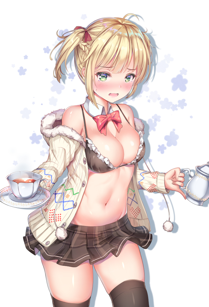 ahoge blonde_hair blush bra breasts brown_skirt cenangam collar cowboy_shot frilled_bra frills girls_frontline green_eyes holding holding_plate looking_at_viewer medium_breasts navel nose_blush open_clothes plate pleated_skirt red_neckwear shirt short_hair skirt solo standing stomach taut_clothes taut_shirt tea thighhighs twintails underwear welrod_mk2_(girls_frontline) zettai_ryouiki