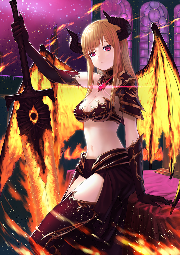 arm_support bangs black_gloves black_legwear black_skirt breasts cleavage closed_mouth commentary_request demon_girl demon_horns demon_wings detached_collar elbow_gloves eyebrows_visible_through_hair fiery_wings fingernails gem gloves holding holding_sword holding_weapon horns huge_weapon light_brown_hair long_fingernails long_hair looking_at_viewer medium_breasts original pauldrons purple_eyes purple_sky single_pauldron sitting skirt sky solo sword thighhighs wasabi60 weapon window wings