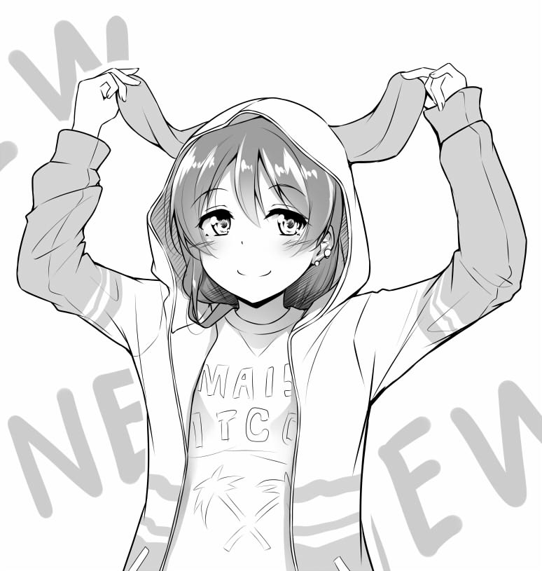animal_ears animal_hood bangs bunny_ears bunny_hood casual closed_mouth clothes_writing commentary_request ear_lift earrings eyebrows_visible_through_hair fake_animal_ears greyscale hair_between_eyes holding holding_ears hood hooded_jacket jacket jewelry long_hair long_sleeves looking_to_the_side love_live! love_live!_school_idol_festival love_live!_school_idol_project monochrome open_clothes open_jacket pocket smile solo sonoda_umi upper_body yopparai_oni