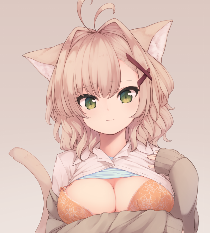 animal_ears blouse bra breasts brown_background cat_ears cat_tail cleavage closed_mouth green_eyes hair_intakes hair_ornament large_breasts light_brown_hair long_sleeves looking_at_viewer natsuki_teru nekomiya_ryuu open_blouse open_clothes orange_bra original shirt_lift simple_background smile solo sweater tail underwear upper_body wavy_hair x_hair_ornament
