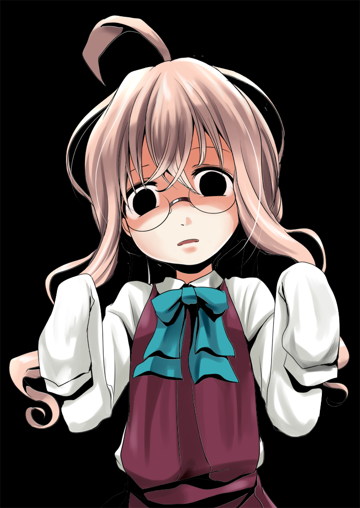 ahoge black_eyes commentary_request dress dress_shirt empty_eyes glasses kantai_collection kurona long_hair makigumo_(kantai_collection) open_mouth pink_hair red_dress shirt sleeves_past_fingers sleeves_past_wrists solo